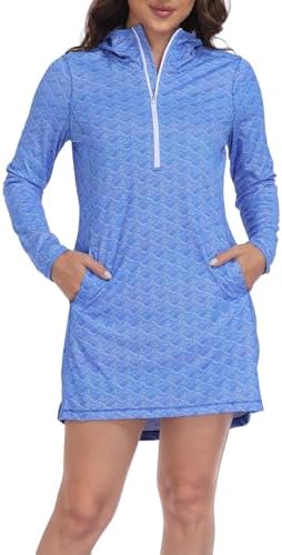 Beach Cover Up UPF 50 Sun Protection Long Sleeve Hooded Tunic in Blue Shell Mosaic
