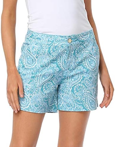 Cotton Chino Shorts for Women 5" Inseam High Waist Summer Resort Shorts in Blue Paisley