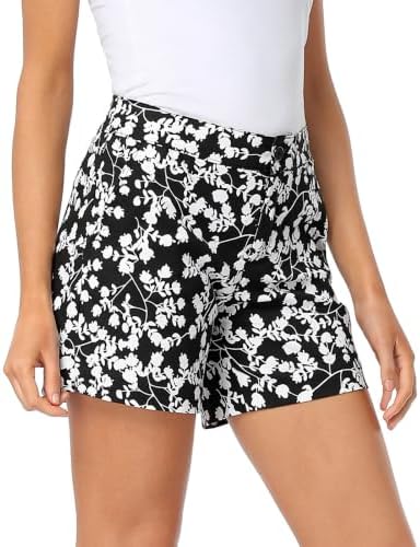 Cotton Chino Shorts for Women 5" Inseam High Waist Summer Resort Shorts in Black and White Blossom