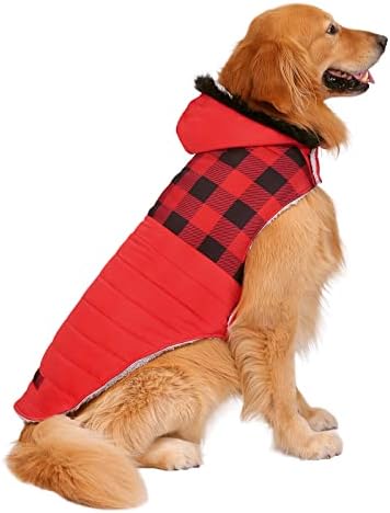 Dog Puffer Jacket Fleece Lined Winter Coat & Harness Hole in Buffalo Plaid