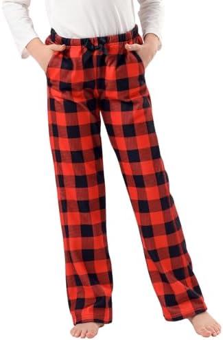 Girl's Fleece Pajama Pants Kids Sleepwear Fuzzy Plush PJ Bottoms w/Pockets in Buffalo Plaid