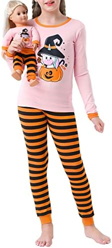 Girl's Unicorn Pajamas with Matching Doll Toy Outfit Kids Cotton Pj Set in Halloween Pumpkin Unicorn/Long