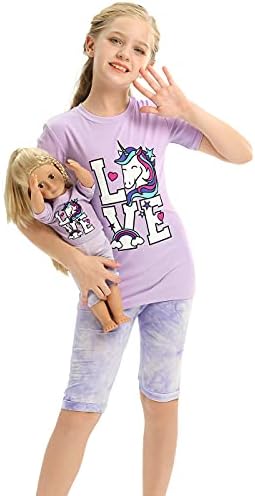 Girl's Unicorn Pajamas with Matching Doll Toy Outfit Kids Cotton Pj Set in Unicorn Love