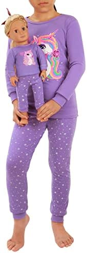 Girl's Unicorn Pajamas with Matching Doll Toy Outfit Kids Cotton Pj Set in Purple Magic Unicorn/Long