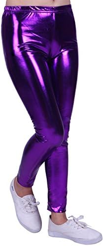 Girls Shiny Metallic Leggings Kids Dance Costume Footless Tights in Purple