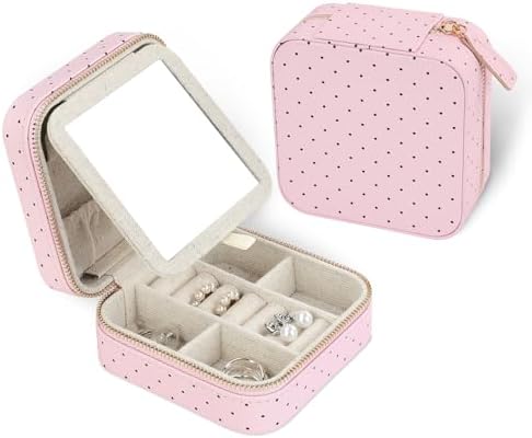 Girls Travel Jewelry Case Organizer with Mirror Small Ring Storage Teen in Pink Polka Dots
