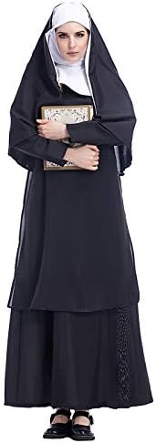 Nun Costume for Women Traditional Adult Sister Black Robe and Habit Religious Halloween Costumes