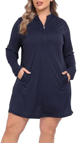 Plus Size Beach Cover Up Dress UPF 50 Hooded Long Sleeve Tunic in Maritime Navy Blue
