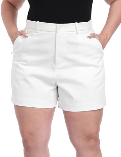 Plus Size Cotton Twill Chino Shorts 5" Inseam Stretch Casual in White