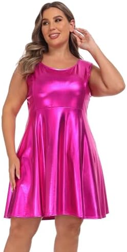 Plus Size Metallic Alien Costume Dress Futuristic Space Skater Dress in Hot Pink