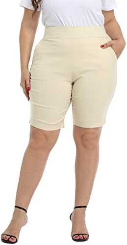 Plus Size Pull On Bermuda Short 10" Inseam Knee Length Pockets in Khaki