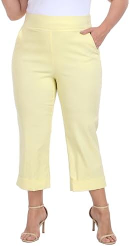 Plus Size Pull On Capri Elastic Waist Cropped Pant w/Cuff in Pale Yellow