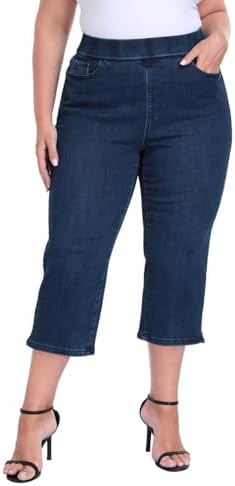 Plus Size Pull On Jean Capris 21" Inseam Cropped Denim Pants in Dark Blue