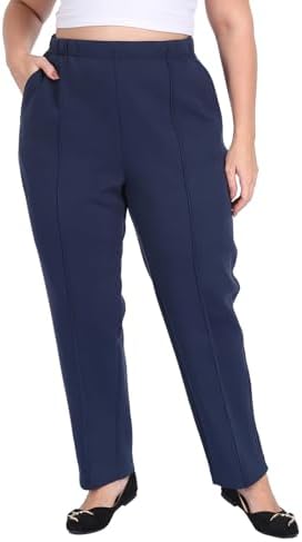 Plus Size Pull On Tapered Pants Warm Cozy Travel Pintuck Pant in Navy Blue
