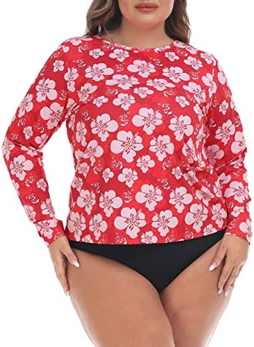 Plus Size Rash Guard UPF 50 Long Sleeve Printed Swim Sun Shirt in Red Hibiscus
