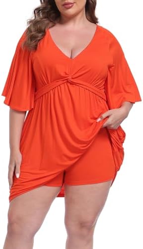 Plus Size Romper Dress with Quick Slip Shorts & Flowy Sleeves in Spicy Orange