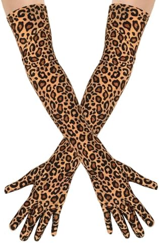 Stretchy Satin Opera Gloves 21.5" Elbow Length Printed Costume Gloves in Leopard