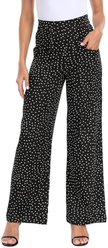 Super High Waisted Wide Leg Pants Office Work Tailored Trousers Pockets in Black Polka Dot