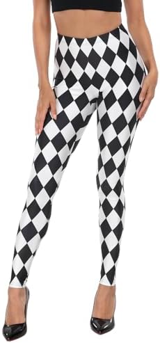 Trendy Graphic Leggings Fun Printed Fashion Tights Pattern in Black and White Diamonds