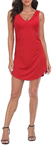 Women's Active Travel Dress Ruched Sleeveless V-Neck with Built-in Bra in Red