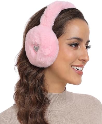 Women's Fuzzy Faux Fur Earmuffs Cute Foldable Warmers Rhinestone in Light Pink Heart Charm