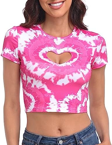 Women's Heart Cut Out Crop Top Midriff T Shirt Y2K Cropped Short Sleeve in Pink Tie Dye
