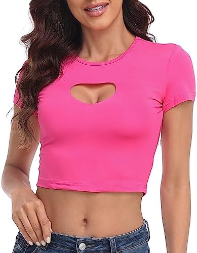 Women's Heart Cut Out Crop Top Midriff T Shirt Y2K Cropped Short Sleeve in Hot Pink