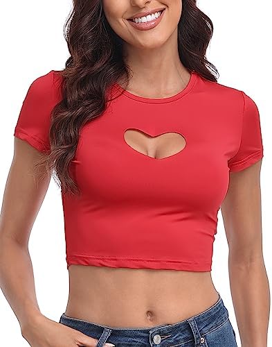 Women's Heart Cut Out Crop Top Midriff T Shirt Y2K Cropped Short Sleeve in Red
