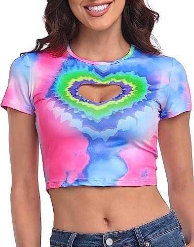 Women's Heart Cut Out Crop Top Midriff T Shirt Y2K Cropped Short Sleeve in Rainbow Tie Dye
