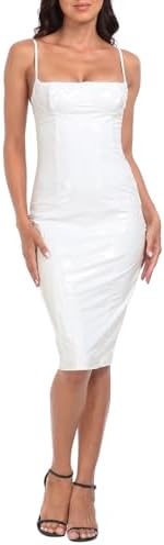 Women's Latex Midi Bodycon Dress Vinyl Faux Leather Sexy Balconette in White