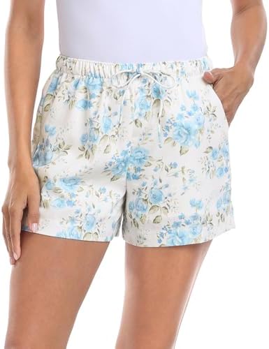 Women's Linen Blend Drawstring Shorts High Waisted 4" Inseam in Blue Floral