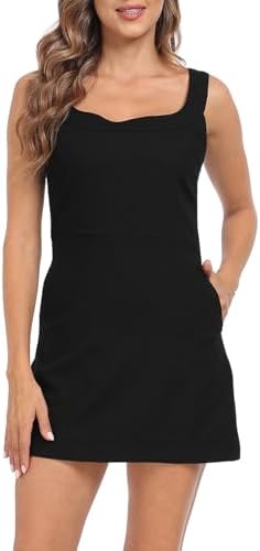 Women's Linen Mini Dress Sleeveless Square Neck Summer Sundress Pockets in Black