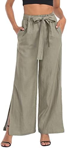 Women's Linen Wide Leg Palazzo Pants with Pockets Paperbag Flowy Boho in Sage Green