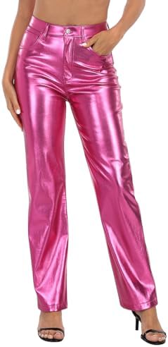 Women's Metallic Faux Leather Pants High Waisted Straight Leg Pockets in Hot Pink