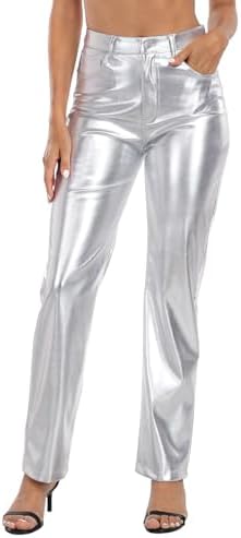 Women's Metallic Faux Leather Pants High Waisted Straight Leg Pockets in Silver