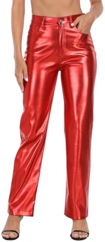 Women's Metallic Faux Leather Pants High Waisted Straight Leg Pockets in Red