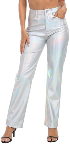 Women's Metallic Faux Leather Pants High Waisted Straight Leg Pockets in Holographic