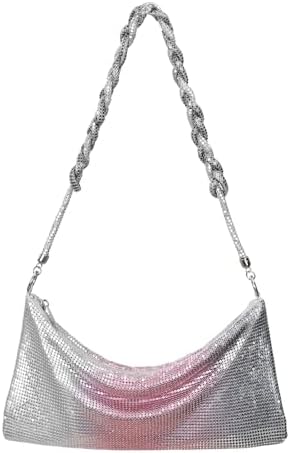 Women's Metallic Mesh Sparkly Evening Bag Shoulder Purse Braided Strap in Black/Pink/Silver
