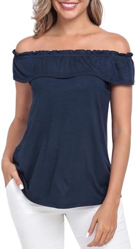 Women's Off Shoulder Ruffle Tops Summer Convertible Sleeveless Blouse in Navy Blue