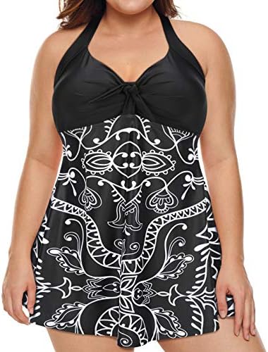 Women's One Piece Swimdress Plus Size Tummy Control Boy Short Swimsuit in Black White