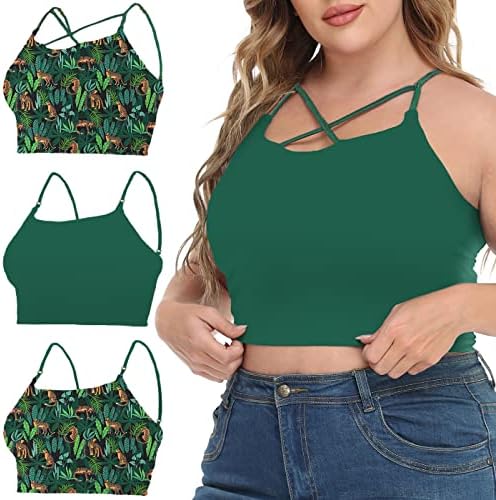 Women's Plus Size 4-in-1 Crop Top Strappy Cami Bralette Light Support in Green / Jungle Cat