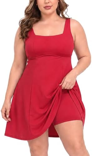 Women's Plus Size Athletic Dress with Quick Slip Shorts & Bra Black 16 in Red