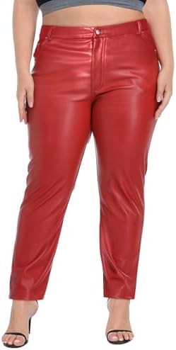 Women's Plus Size Faux Leather Pants High Waisted Straight Leg Pant in Red