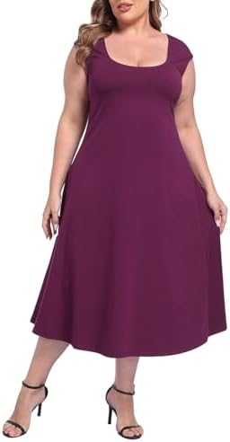 Women's Plus Size Fit & Flare Midi Dress Scoop Neck Cap Sleeve Sundress in Burgundy Purple