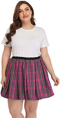 Women's Plus Size Plaid Mini Skirt Pleated School Girl Skater Skirt in Pink Plaid