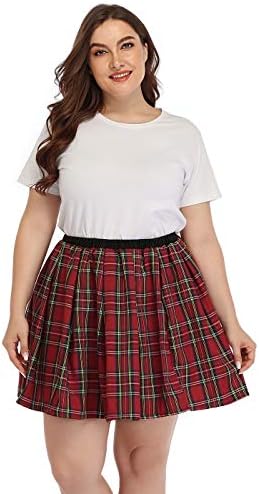 Women's Plus Size Plaid Mini Skirt Pleated School Girl Skater Skirt in Red Plaid