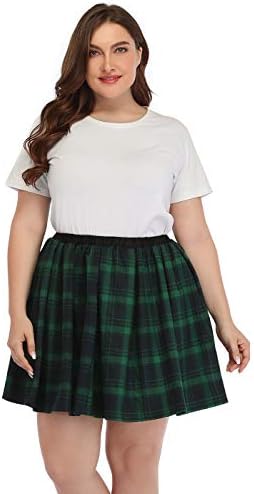 Women's Plus Size Plaid Mini Skirt Pleated School Girl Skater Skirt in Green and Black Plaid
