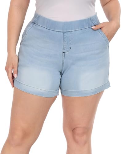Women's Plus Size Pull On Jean Shorts High Waist Stretch Denim Black 14 in Light Blue