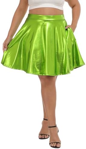 Women's Plus Size Shiny Metallic Skater Skirt Holographic Pleated Skirt in Bright Green