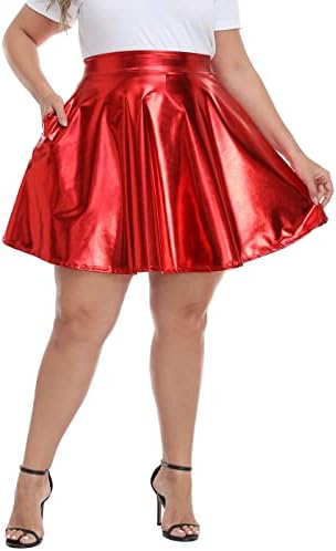 Women's Plus Size Shiny Metallic Skater Skirt Holographic Pleated Skirt in Red